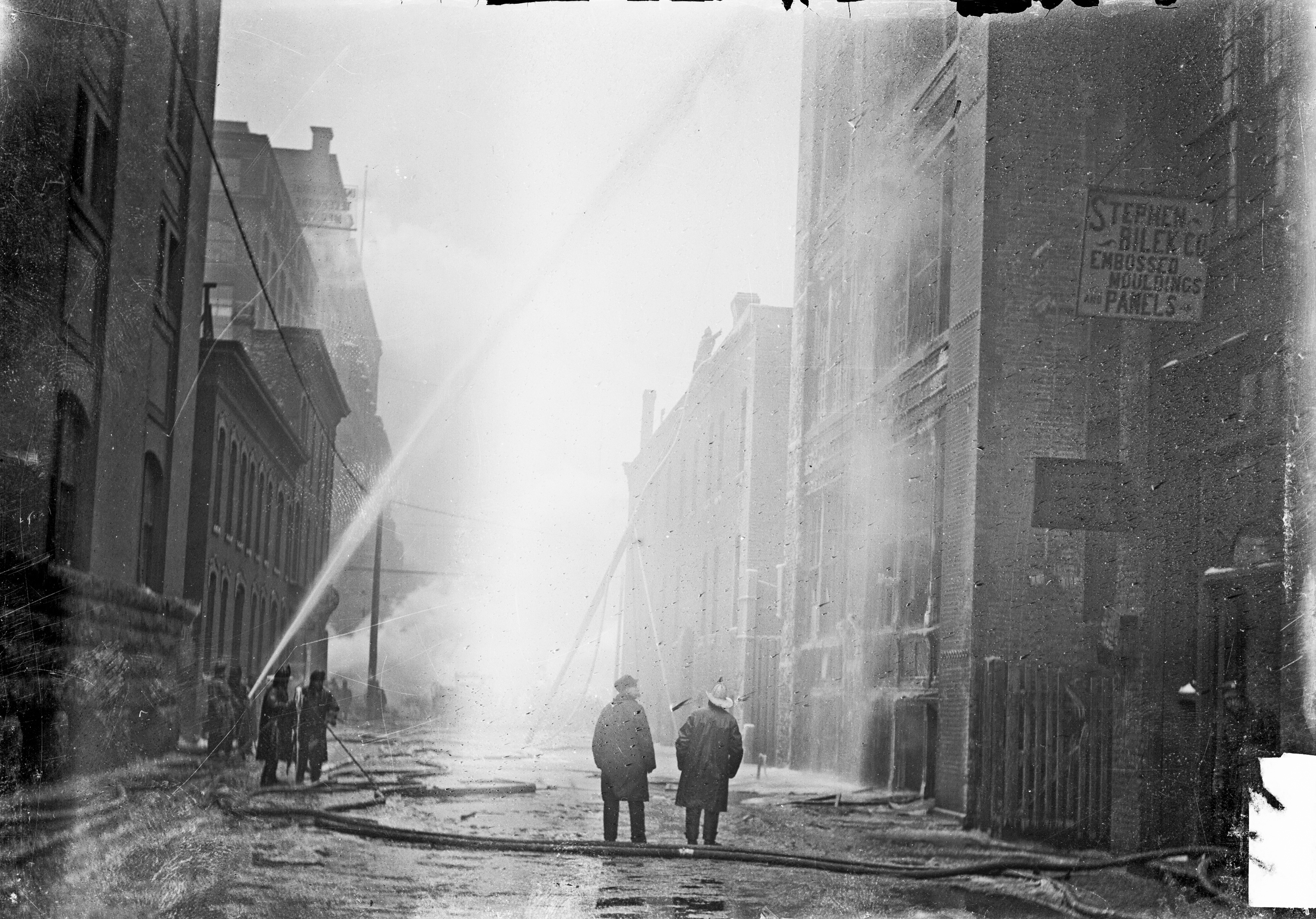 Firefighters battling the blaze. The Iroquois was not equipped with a telephone or a fire alarm, and precious time was lost when a stagehand had to run to the nearest fire department to get help.
